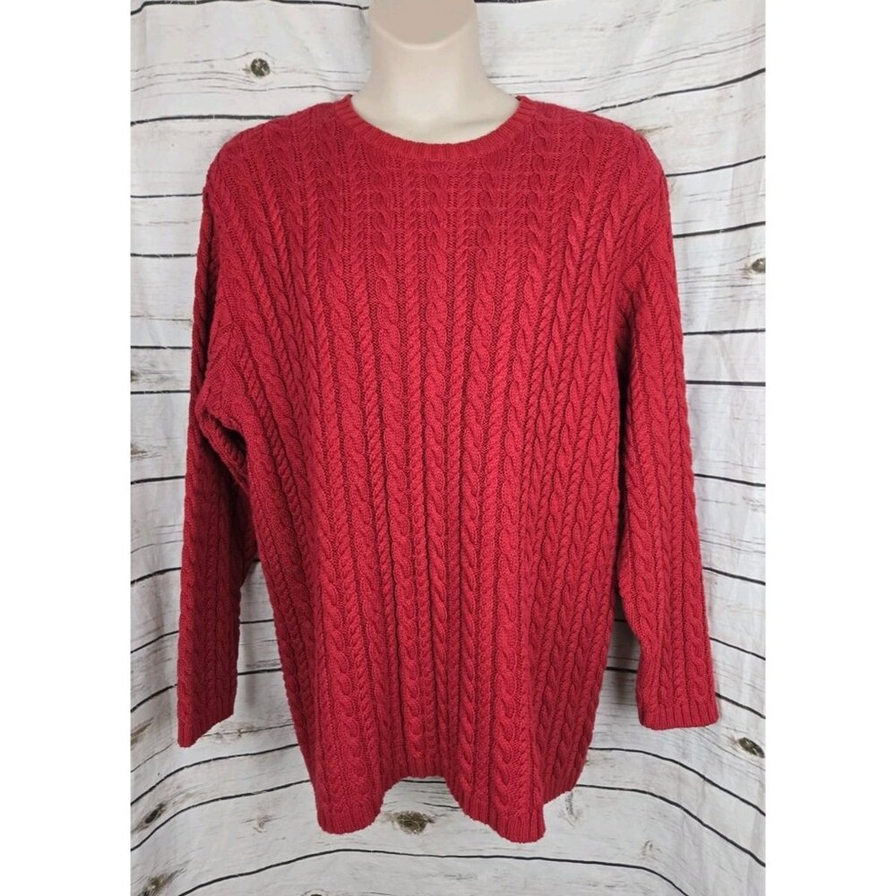 Eddie Bauer Red Chunky Cable Knit Fisherman Sweater XXL Womens 100% Cotton